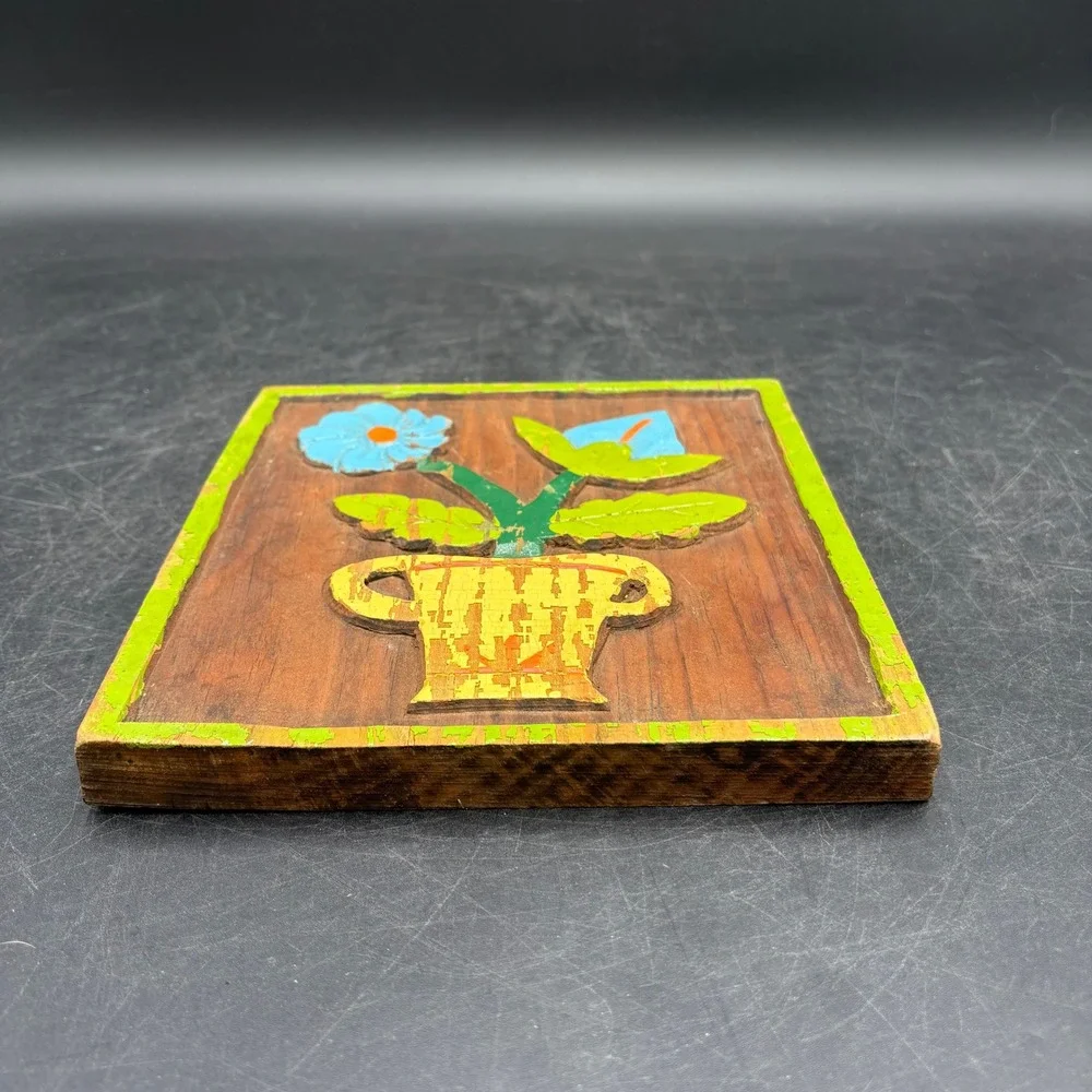 Vtg Retro Hand Carved Wood Floral Plaque Folk Art Flower Vase Relief Painting